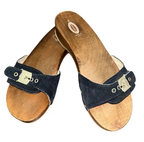 Dr. Scholl’s Original 2008 Women’s Y2K Wooden Navy Suede Clogs w/ Box – Size 9 Brown
