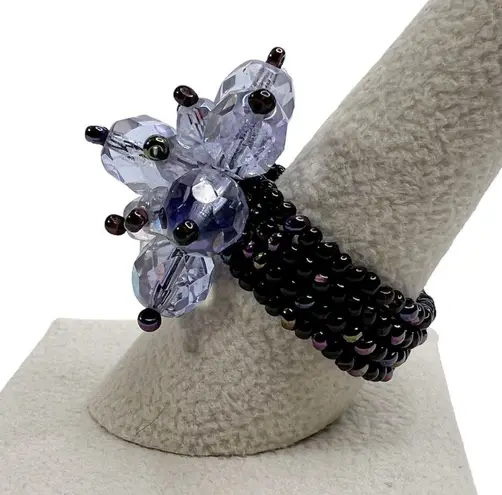 Light Purple Faceted & Iridescent Seed Bead Flower Handmade Ring
