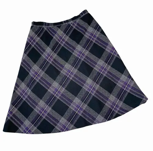 VINTAGE 90s Wool Plaid Midi Flare Skirt Black Size L