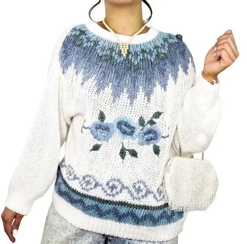 Vintage Blue 1980s Huntington & Ridge Sweater  Floral Chunky Knit Sweater Grandma