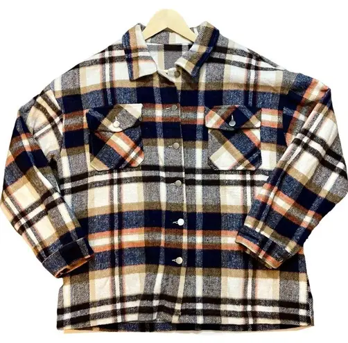 Plaid Flannel Oversized Button Up Shirt Jacket Tan Size 2X