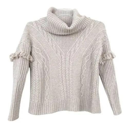 Artisan NY Wool Blend Tan Knit Turtleneck Sweater Fringe Sz M