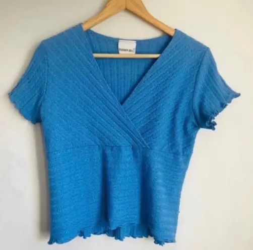 Fashion Bug Vintage Blue Y2K Criss Cross Lettuce Ruffle Blouse Shirt Peplum Babydoll Textured