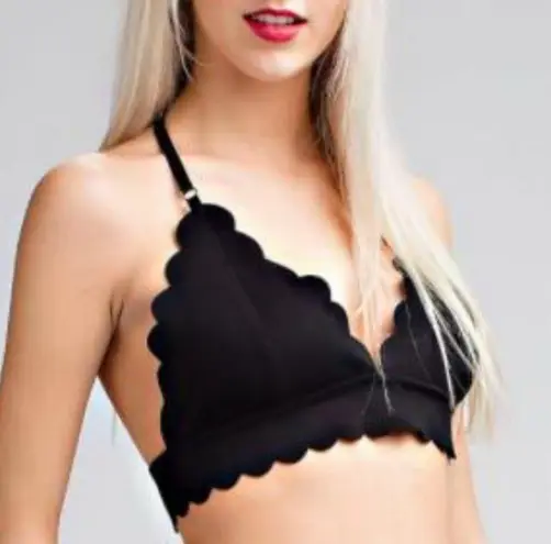 Honey Belle  Emma Scalloped Halter Bralette Size Large, Black