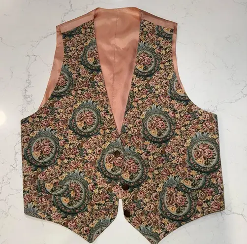 Vintage Bushwacker Rose Floral Tapestry Vest Green Peach Satin Back Large EUC Orange