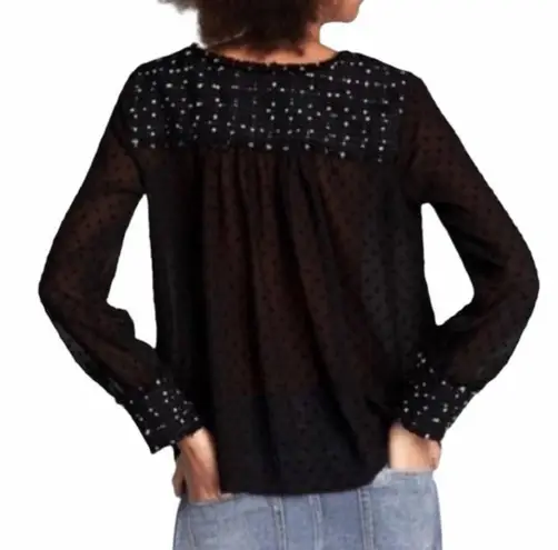 ZARA  | XS | Black Swiss Dot V-Neck Chiffon Top Sheer Sleeves with Tweed Trim