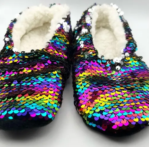 Rainbow Sequin Faux Sherpa Lined Slippers Size 5 Small