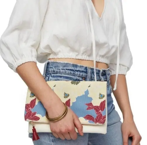 Rachel Pally Cream Blue Floral Vegan Fold Over Reversible Tassel Zip Clutch