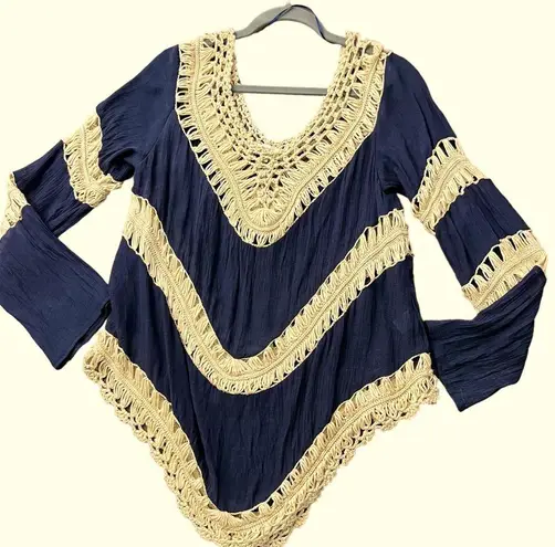 Umgee  Crochet Navy Tan Tunic Coverup Boho V Neckline L