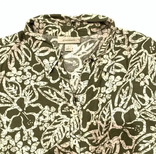 Dress Barn  Floral Button Front Green Beige Tropical Short Sleeve Shirt Size Large