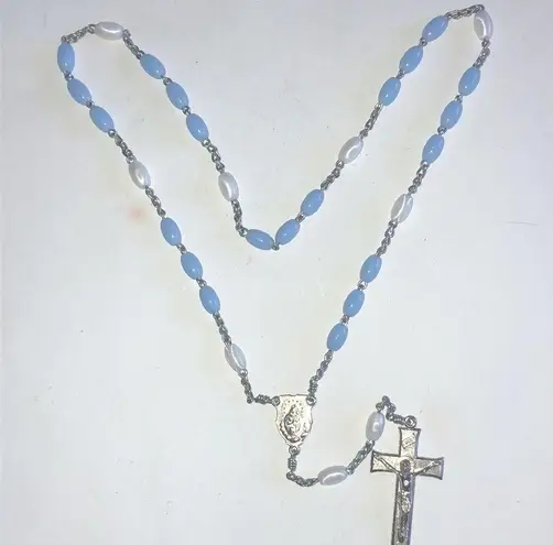 Vintage Blue  & White Silver Tone Religious Crucifix Catholic Rosary Necklace