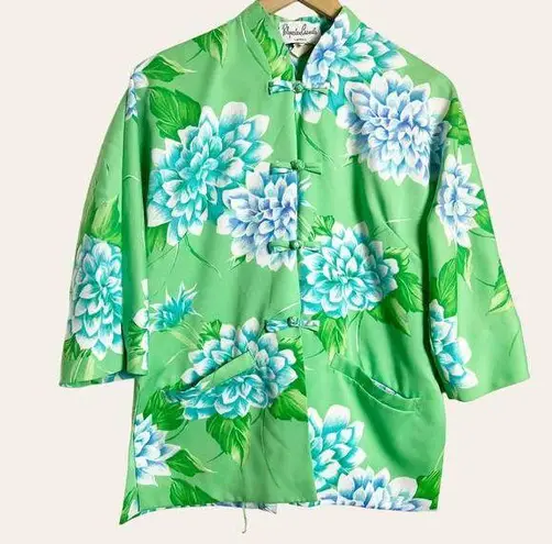 70’s Vintage Polynesian Casuals Green Floral Print Kimono Jacket Blouse Size 10