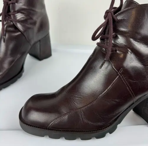 Vtg Y2K Chunky Heel Leather Square Toe Lace Up Ankle Boots Sz 7.5 Brown Wine