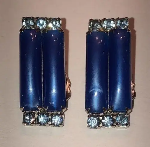 Vintage Blue  Thermoset Rectangular Blue Rhinestone Clip On Earrings