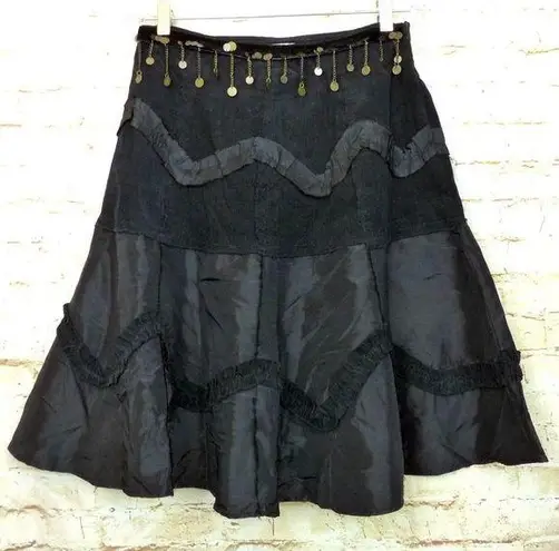 X Store Italy Y2K Black A Line Mix Media Midi Skirt Coin Chain Corduroy 28 1/2 Size undefined