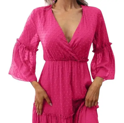 Faeriesty Swiss Dot Surplice Neck Flounce Sleeve Ruffle Hem Dress