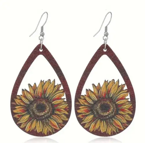 Sunflower Earrings Rustic Wood Teardrop Country Summertime Yellow