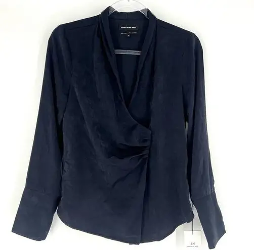 Something Navy  Long Sleeve Wrap Front V-Neck Blouse Night Navy XS NWT