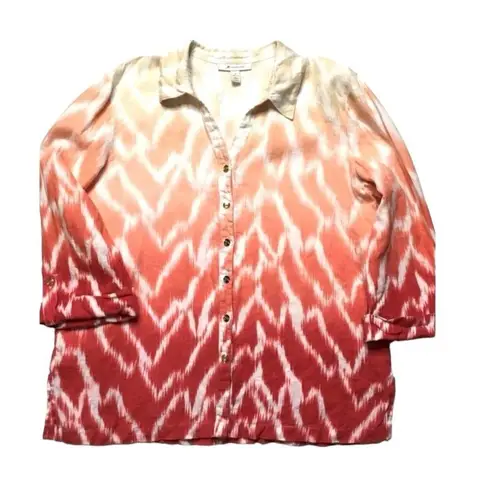 JM Collection Mountain Lake Rose Linen Ikat Button Down Shirt Top Sz 14