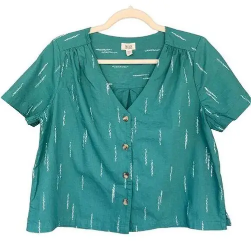 0802 a.n.a. A New Approach Teal White Short Sleeve Cropped Button Up Top Size Sm