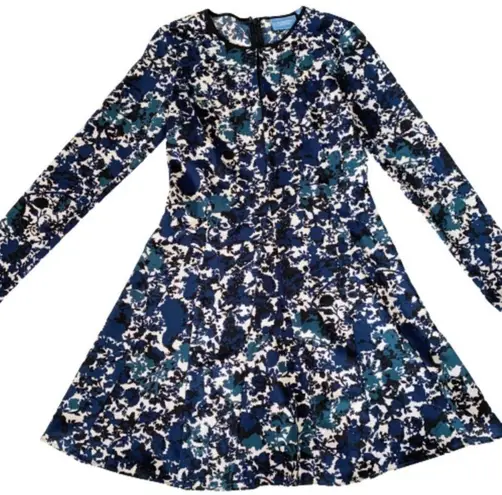 Simply Vera Wang Dress Blue Tan Floral A Line Long Sleeve Fit & Flare Size XS