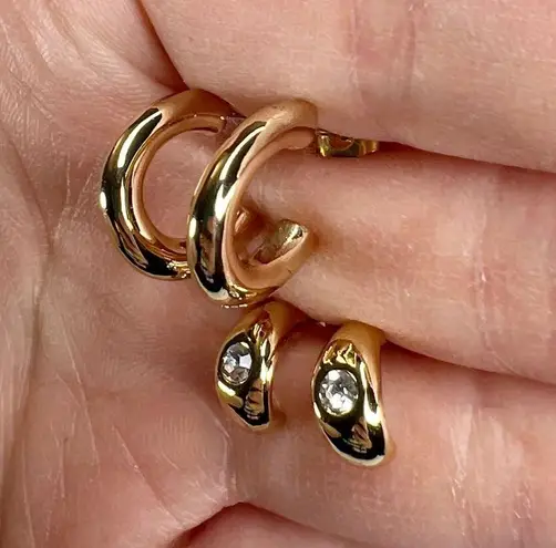 Shiny Gold Tone Huggie Hoops Rhinestone Pierced Earrings Set
