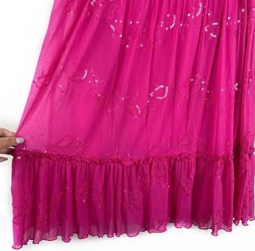 American Vintage NEW Vintage Y2K Pink Tiered Ruffle Sequin Midi Skirt Butterfly Fairy Boho M