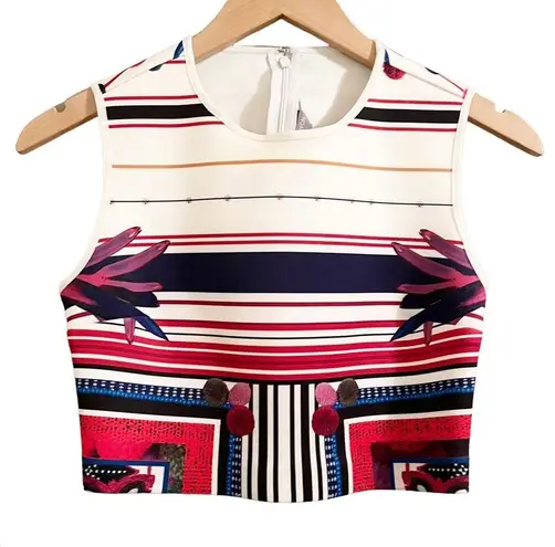 Clover Canyon NWT Art Deco Striped Sleeveless Cropped Scuba Tank Red Blue Size S