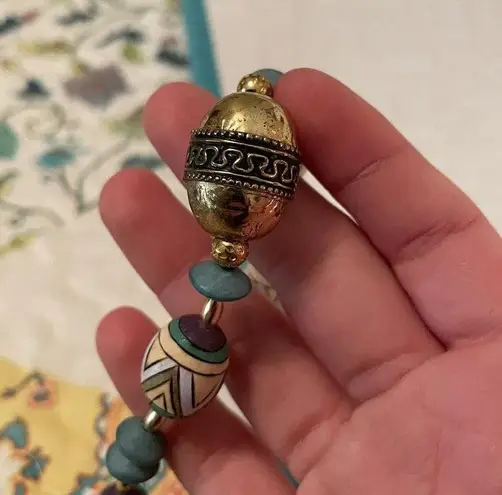 Women’s Necklace Handmade Easter Egg Wood Beads Blue / Gold Tone