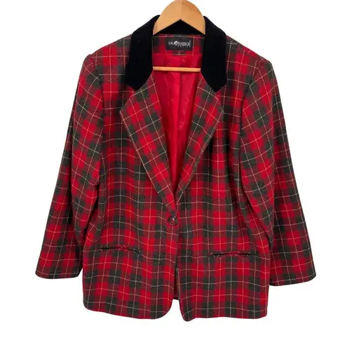 Sag Harbor Blazer Jacket Womens 14/16 Red Tartan Plaid Wool Blend Vintage