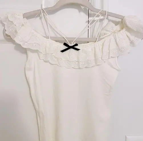 Japanese Kawaii White Cotton Off Shoulder Ruffle Lace Black Bow Shirt Blouse Top Size XS