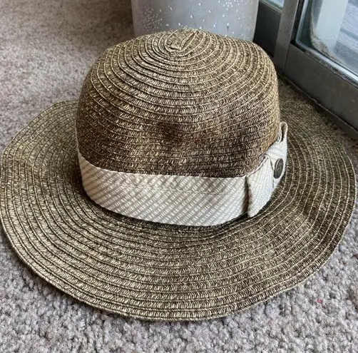 Goorin bros  Low Straw Porkpie Hat Floppy Round Top Woven Striped Button Detail S