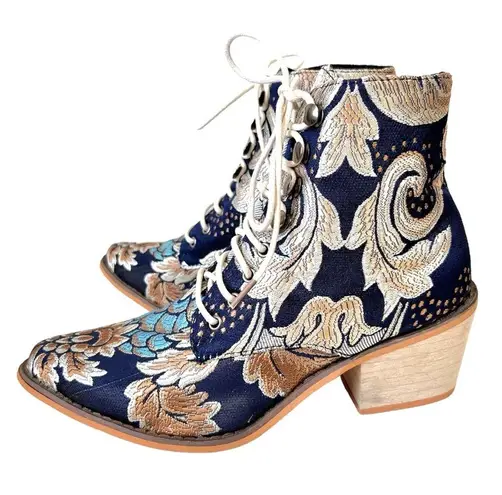 Vintage Satin Floral Embroidered Block Heel Cowboy Ankle Booties Blue Size 7