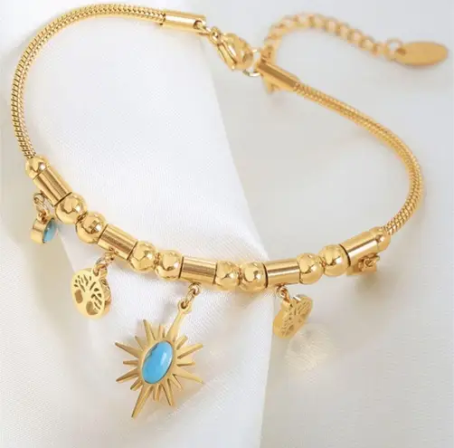 Turquoise Stones Stars Tree Of Life Charms Gold Bracelet