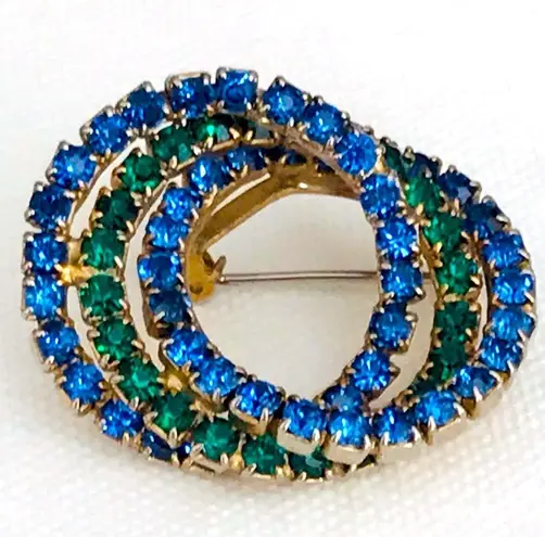 Vintage Blue  and Green Rhinestone Circles Brooch Pin