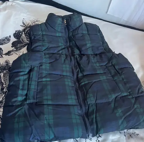 Navy & Green Yuanfang Plaid Puffer Vest — Dark Academia Outdoorsy / Forestcore / PNW Prep Blue Size L