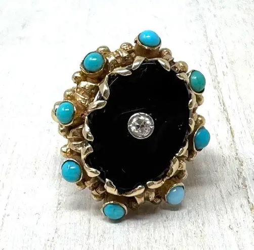 14K yellow gold, onyx, turquoise and diamond ring, vintage, size ~7 Gold