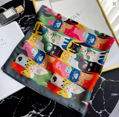 Colorful Cat Print Satin Square Scarf Headscarf Shawl Neckerchief Bandana