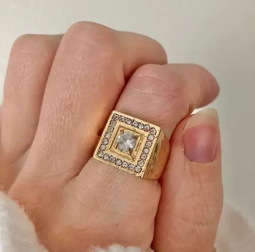 Gold Square Signet Rhinestone Glam Ring “Vicenza” Chunky Statement Classic Femme Jewelry
