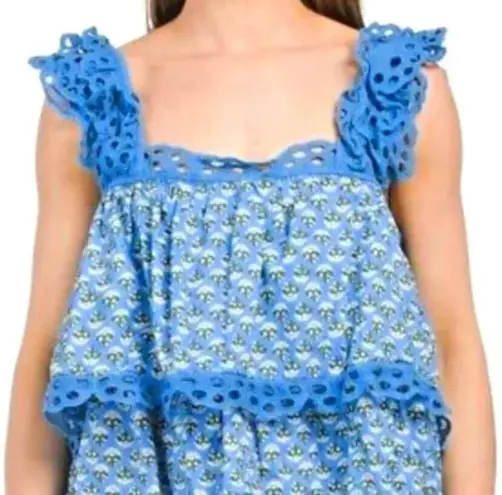 Amaaya Blue Floral Eyelet Detailing Ruffle Tank Top Women's Medium