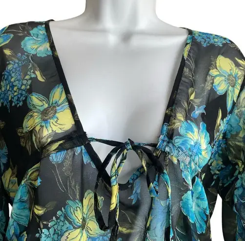 Rima Beachworld Women Top S Blue Floral Light Sheer Beachy Coverup Tropical Boho