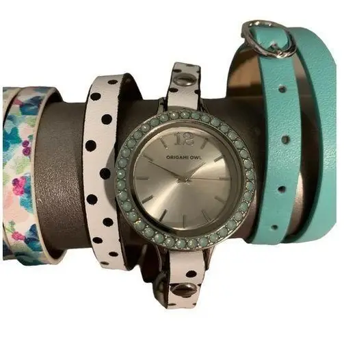 Origami Owl  Watch With Mint Crystals and Three Leather Wrap Bands