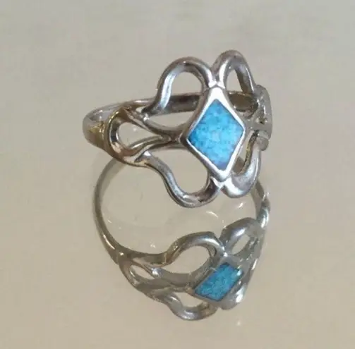 Vintage Blue Green Turquoise Stone Diamond Design Swirl Statement Ring