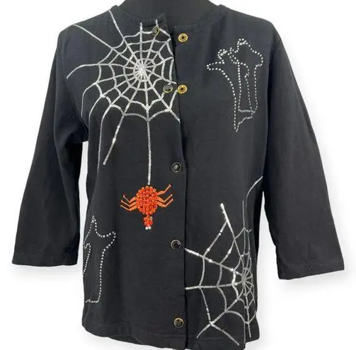 Onque Casuals | L| Embellished Embroidered Top Cardigan Sweater Halloween Spider Black Size L