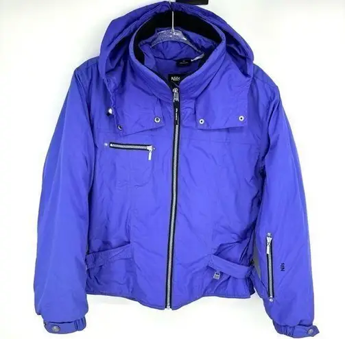 NILS Ski Jacket Size 10 Stowaway Hood Skiwear Zipper Front Blue