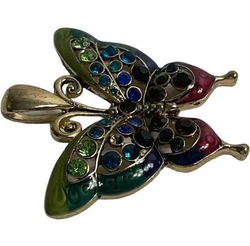 Multi Colored Enamel Gold Tone Butterfly with Multi Colored Rhinestone Pendant