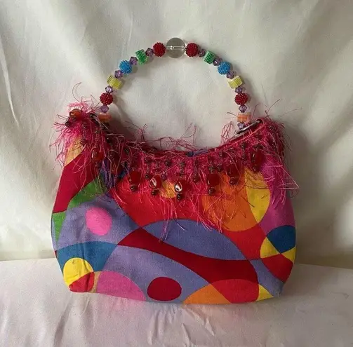 Y2K Geometric Print Tapestry Bag Beaded Top Handle Fringe Kidcore Festival