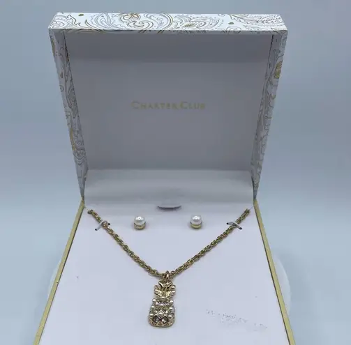 Charter Club Crystal/Pearl Pineapple Set in Gold-Tone NWT MSRP $30