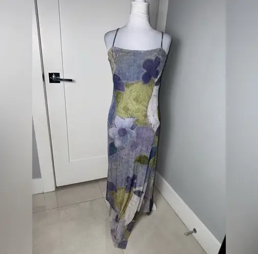 Peep Studio Abstract Floral Print Mesh Slip Maxi Dress/Size Medium Purple