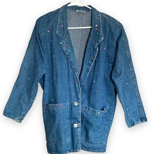 Vintage Match Denim Jacket Blazer Oversized Crystal Embellished Medium Wash B